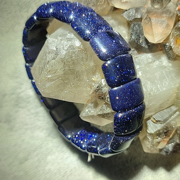 Handmade Jewelry - Blue Sandstone Sparkle Aventurine Glass 15mm Beaded Stretch Bracelet